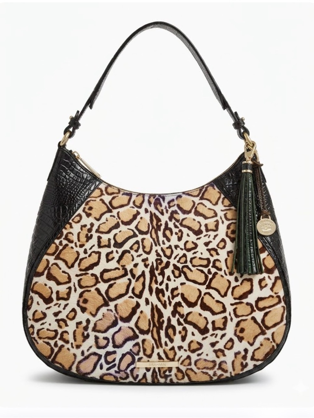 Rare Brahmin Leopard-Print Hobo with Black Leather Croc Trim